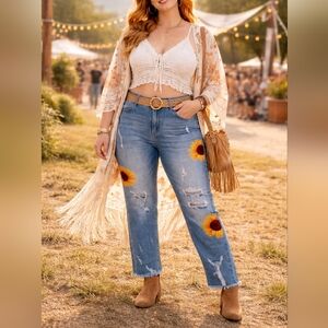 XL Distressed Denim Jeans w/ Hand-Painted Sunflowers | Boyfriend / Straight Leg